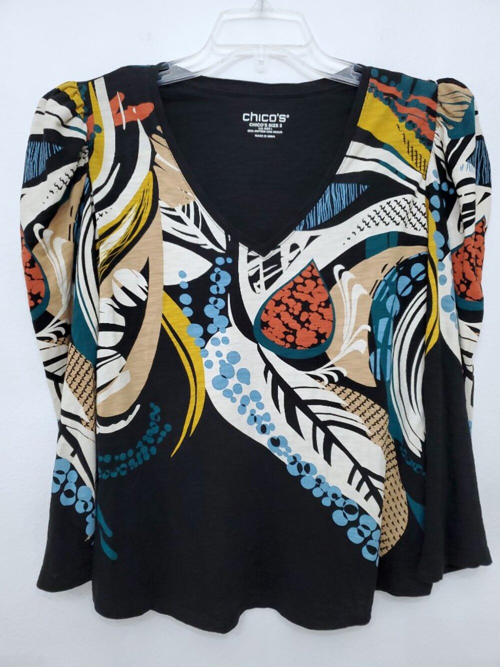 Chico's V-Neck Puff Sleeve Colorful Tropical Long Sleeve Shirt Size Large